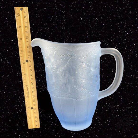 Vintage Light Blue Satin Frosted Glass Raised Cherries Leaves Carafe Pitcher Jug - Picture 3 of 12
